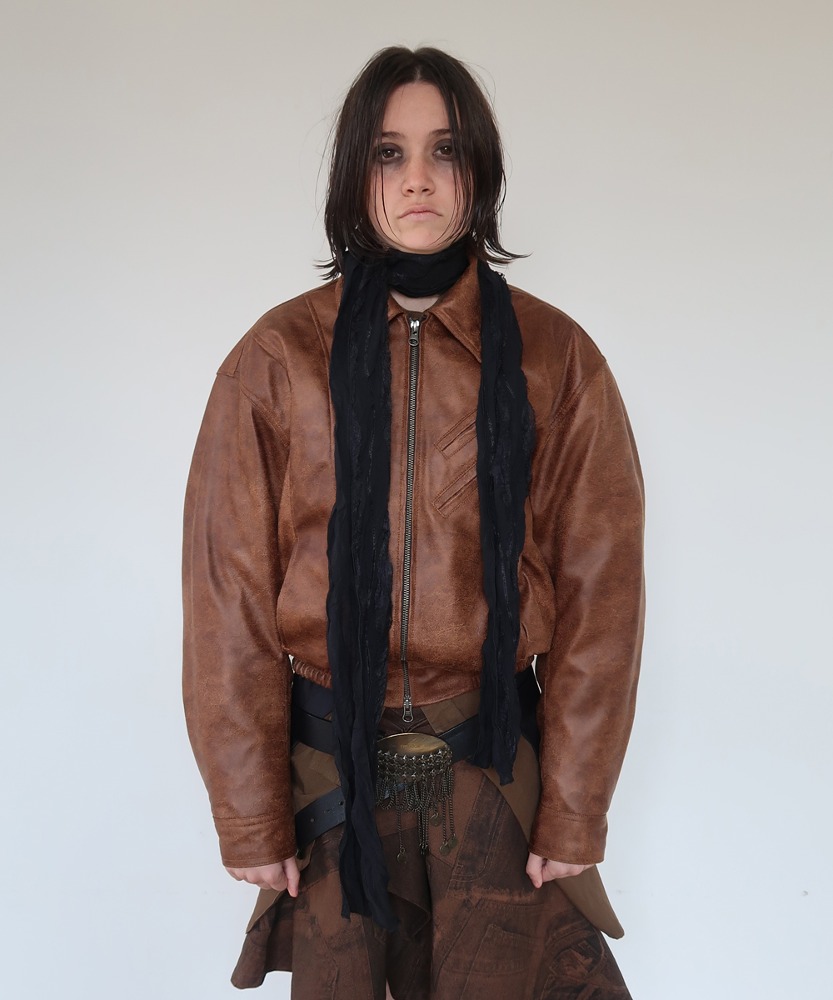 Faux Leather Bomber Jacket _Brown
